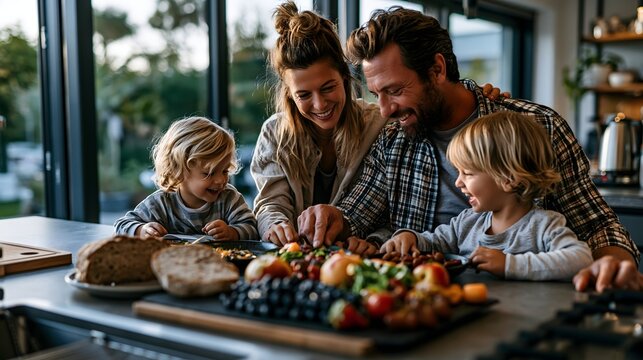 Gl&uuml;ckliche Familie bereitet gemeinsam ein gesundes Essen in der K&uuml;che zu
