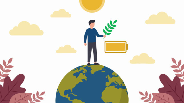Man on Earth with plant and battery, symbolizing green energy and sustainability