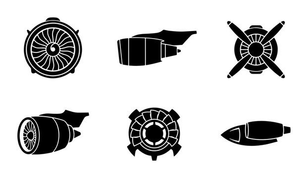 Aircraft Engine Icons, Jet Turbine Silhouettes, Propeller Designs, Aviation Parts Set