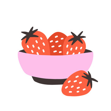 Strawberries, fresh red berries in bowl. Sweet ripe garden fruits. Healthy summer food. Natural vitamin eating, snack. Flat graphic vector illustration isolated on white background