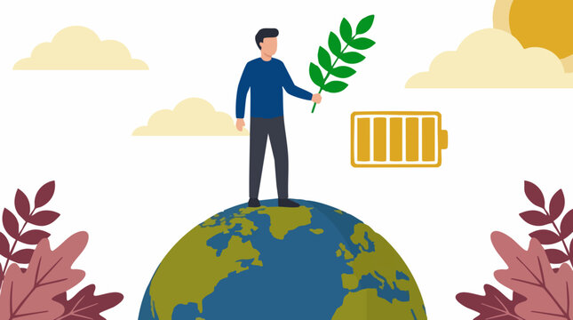 Global sustainability concept with man on earth, green plant, and battery symbol