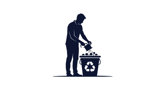 Silhouette of a man pouring waste into a recycling bin with a universal recycle symbol, representing environmental conservation, sustainability, and waste management on a white background.
