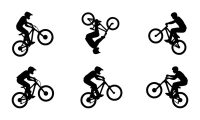 Obraz premium BMX Bike Rider Silhouettes, Extreme Sports Action, Bicycle Trick Set, Dynamic Motion Graphics
