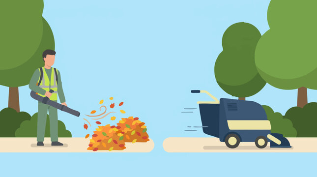 Man using leaf blower and street sweeper for autumn leaf removal and cleaning