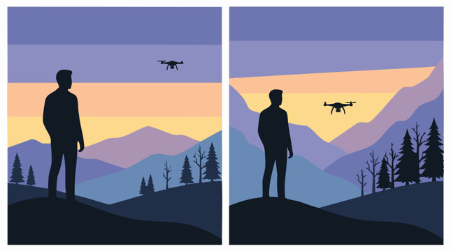 Person and drone over mountain landscape at twilight, digital illustration