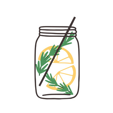 Summer lemonade, refreshing drink in jar. Cold beverage with lemon slices, rosemary herbs, straw. Refreshment, infused water. Cocktail in glass. Flat vector illustration isolated on white background