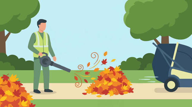 Man with leaf blower clearing colorful autumn leaves in park