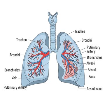Detailed anatomical diagram of human lungs and respiratory system.