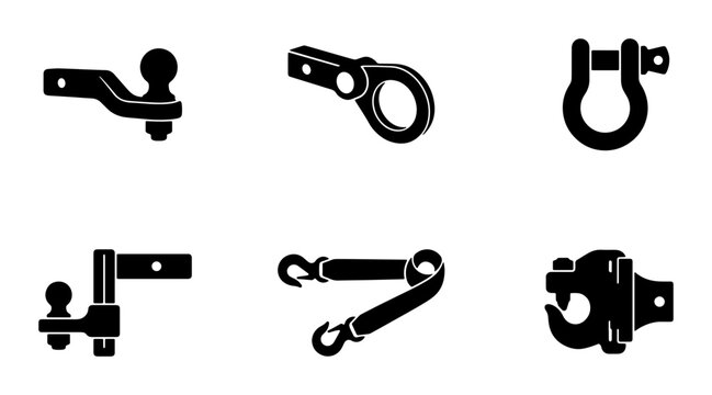 Vehicle Towing Hitch and Hook Set, Trailer Attachment Hardware Icons, Truck Accessory Vector Graphics