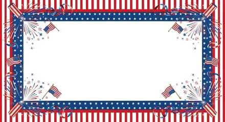 Fototapeta premium Festive american patriotic frame featuring red white and blue stripes with stars and bright fireworks
