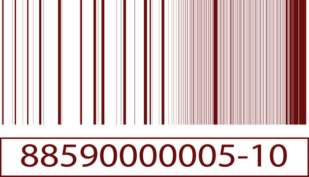 A dark red product barcode displays vertical lines of varying thickness directly above a boxed identification number sequence starting with eight eight five against a plain white background