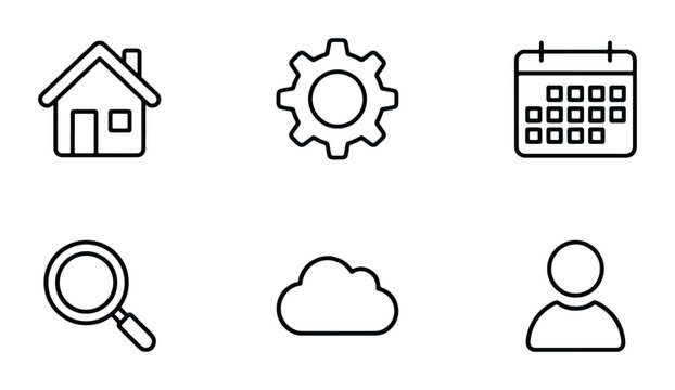 Simple Line Icons: Home, Settings, Calendar, Search, Cloud, User, Vector Set