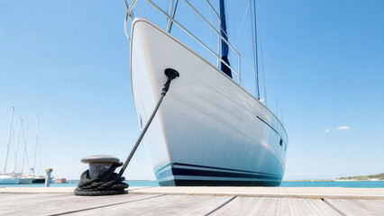 White Sailboat Bow Moored At Sunny Marina Dock