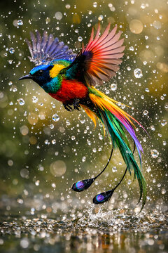 Farbenpr&auml;chtiger Paradiesvogel im rasanten Flug durch aufspritzende Wassertropfen