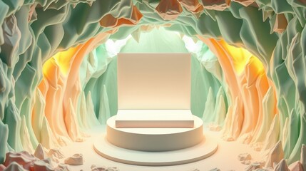 Fototapeta premium Abstract cave interior features pedestal. Soft lighting creates dramatic, otherworldly presentation space. Minimalist design emphasizes central display area.