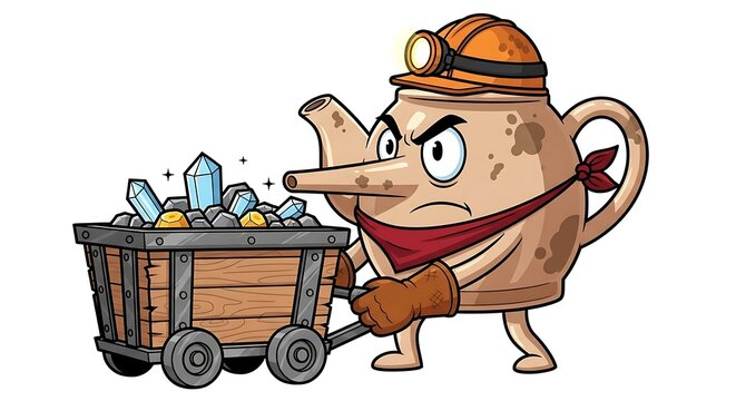 Cartoon miner pushing mining cart illustration.