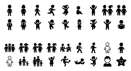 Obraz premium Minimalist children silhouette icons, black vector set of 36 kids pictograms, diverse childhood activities and school student symbols for education design