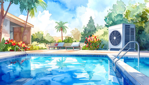 Swimming pool heat pump system displaying water circulation processes and a comfortable summer resort aesthetic watercolor illustration showcasing refreshing blue generative AI