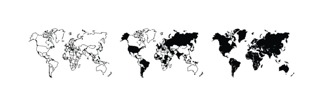 World Map Variations: Outline, Partial Fill, Full Fill, Global Representation