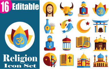 Naklejka premium Editable Color Religion Icons Set Collection on Transparent Background – Faith and Spirituality Vector Symbols