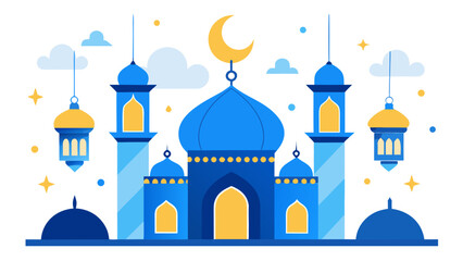 A colorful illustration of a mosque under a crescent moon © Devili