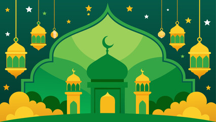 A vibrant illustration of a mosque under a crescent moon and stars © Devili