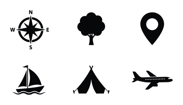 Travel Icons Set: Compass, Tree, Map Pin, Sailboat, Tent, Airplane, Vector Graphics