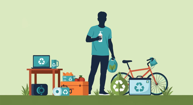 Vector illustration of a male silhouette with eco-friendly items including a bicycle, recycling bags, a laptop with recycle symbol, and a reusable bottle on a green background.