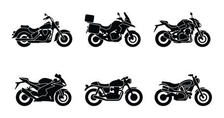 Motorcycle Icons Collection: Diverse Bike Styles, Vector Graphics for Transport and Adventure Themes © Fahmida