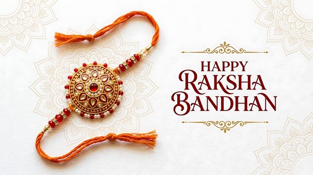 Happy raksha bandhan traditional indian rakhi thread with ornate gold and red beads