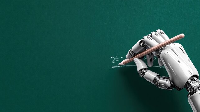 A robotic hand writing on a chalkboard with a pencil, symbolizing AI learning.