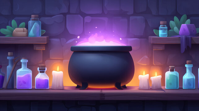 Witch&rsquo;s lair background with bubbling cauldron, potion shelves, and glowing magical runes