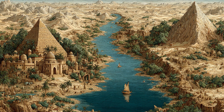 Stylized ancient Egyptian map with Nile River, pyramids, temples, and palm trees