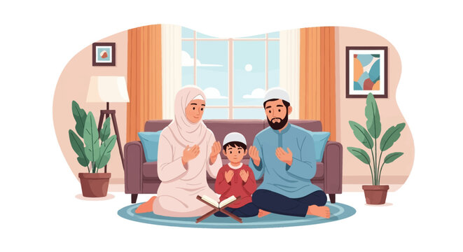 Vector illustration of a Muslim family including a mother in a hijab, a father, and a young son sitting on a rug, performing supplication with raised hands before an open Quran.