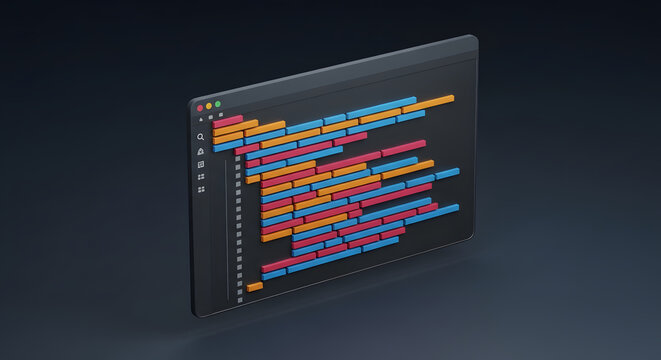 3D Abstract Dark Mode Code Editor Interface Concept