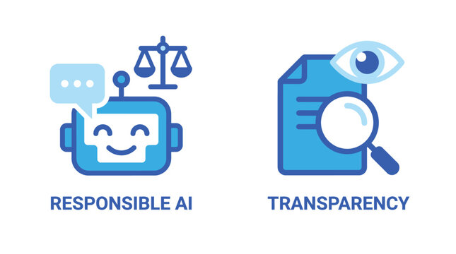 Vector graphic illustration Blue icons for responsible AI and transparency