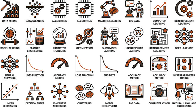Machine Learning Icons Collection Flat Vector Illustrations With Data Science Concepts
