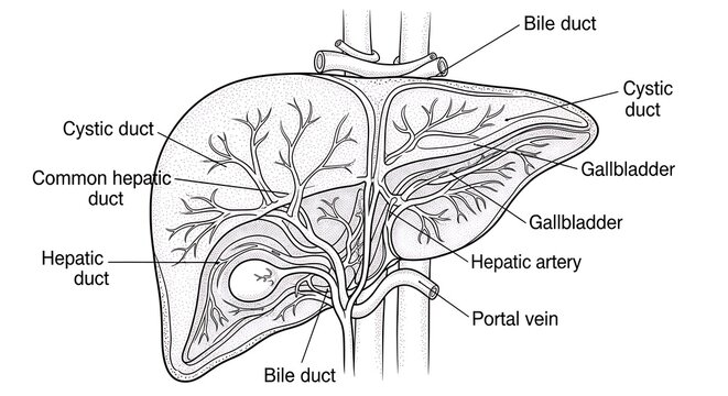 Anatomical diagram of human liver and bile ducts system.