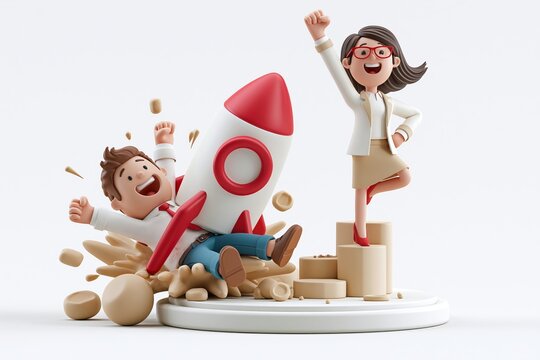3D cartoon people moving top on rocket and crash set vector graphic illustration. 3D successful woman moving high isolated on white. 3D Business motivation, fail and startup development
