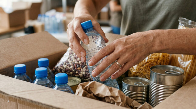 Volunteer packing food donations into cardboard box for charity donation relief program to support local families in need during economic crisis with water bottles beans and canned goods.