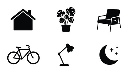 Home, Plant, Chair, Bicycle, Lamp, Moon Icons: Minimalist Black Vector Set for Lifestyle and Design © Sanjida