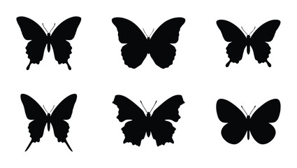 Six Black Butterfly Silhouettes, Vector Icons, Insect Wing Shapes, Nature Graphics, Delicate Flying Creatures © Rakib