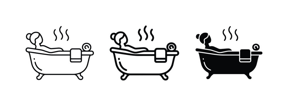 Relaxing Bath Icons, Woman in Bathtub, Steam, Towel, Spa, Wellness, Hygiene, Self-Care, Vector Set