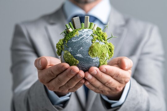 3D Save the planet. Sustainable economic growth strategy, recourses reuse reduce co2 emission climate impact. ESG, green energy industry. Vector 3D illustration. Environmental protection, renewable