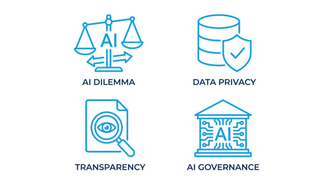 Vector graphic illustration AI governance and data privacy icons with transparency and security symbols