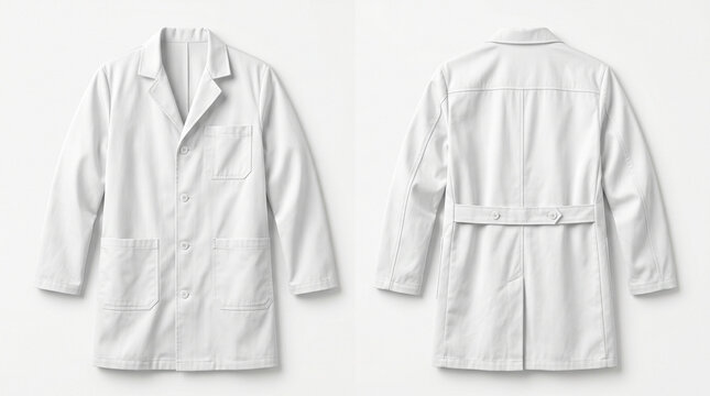 Front and back view of a white lab coat isolated on a plain white background, professional medical or scientific attire for doctors and researchers.