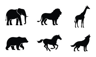 Wild Animal Silhouettes: Elephant, Lion, Giraffe, Bear, Horse, Wolf Icons Set © Fahmida