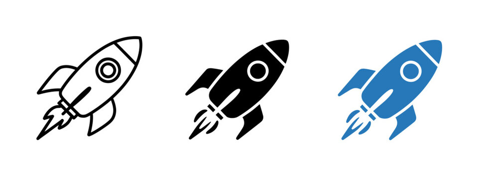 Rocket Launch and Startup Icon Set Outline Solid Black and Blue Vector Spaceship Symbols
