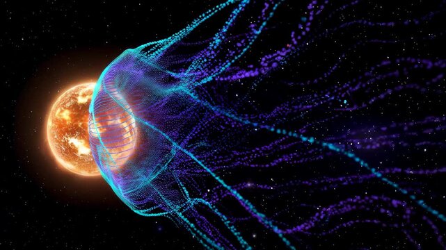 Coronal mass ejection as swirling teal and purple particle wave