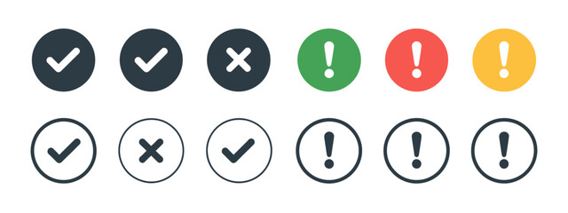 Checkmark Cross and Exclamation Mark Icon Set Approved Rejected and Warning Symbols © Riyad